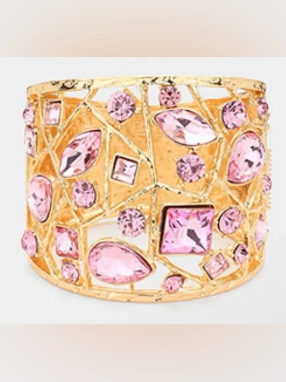 Gold Cuff Bracelet with Pink Crystal Accents